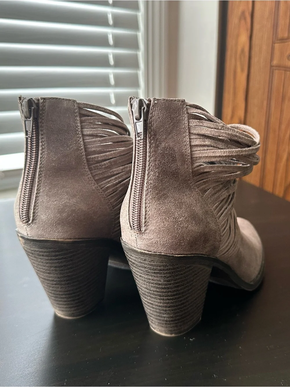 Fergalicious Taupe Suede Fringe Booties size 7.5